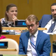 UN delegates look on as British Prime Minister Boris Johnson delivers a strange speech to the United Nations General Assembly in New York on September 24, 2019